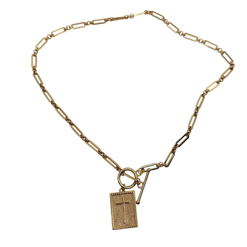 Gold Tone Chain Cross Pendant Toggle Clasp Necklace 18" Religious Confirmation